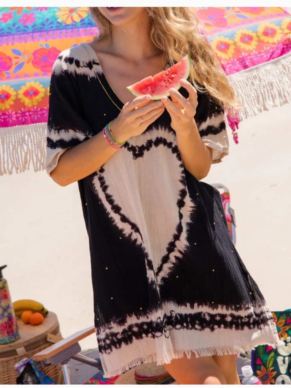 NATURAL LIFE Sayulita Cotton Kaftan w metallic accents Tie-Dye Coverup O/S